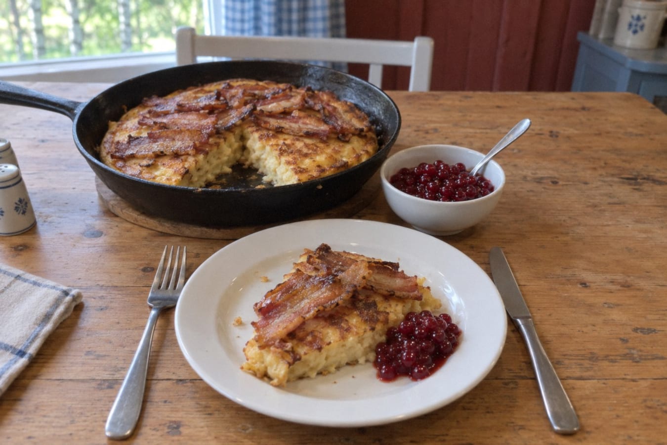 Scanian egg cake with crispy pork belly and lingonberries