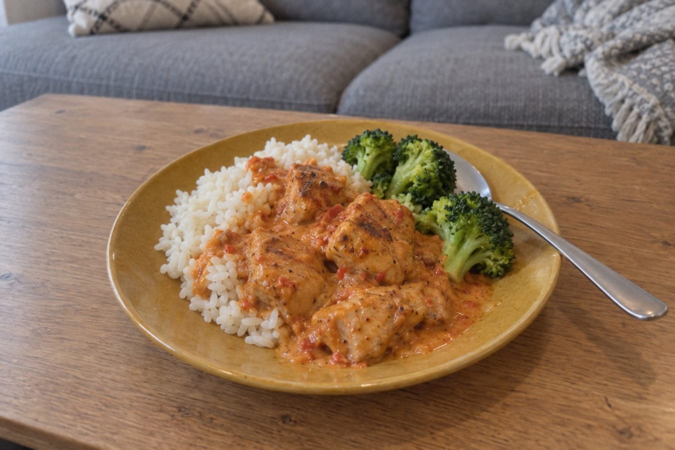 Pollo con ajvar, arroz y brócoli