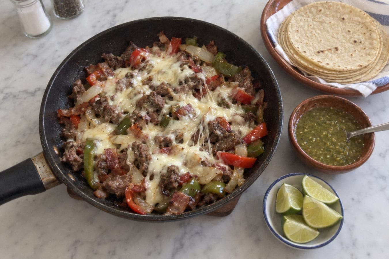 Alambre – griddled steak with peppers, bacon and melted cheese