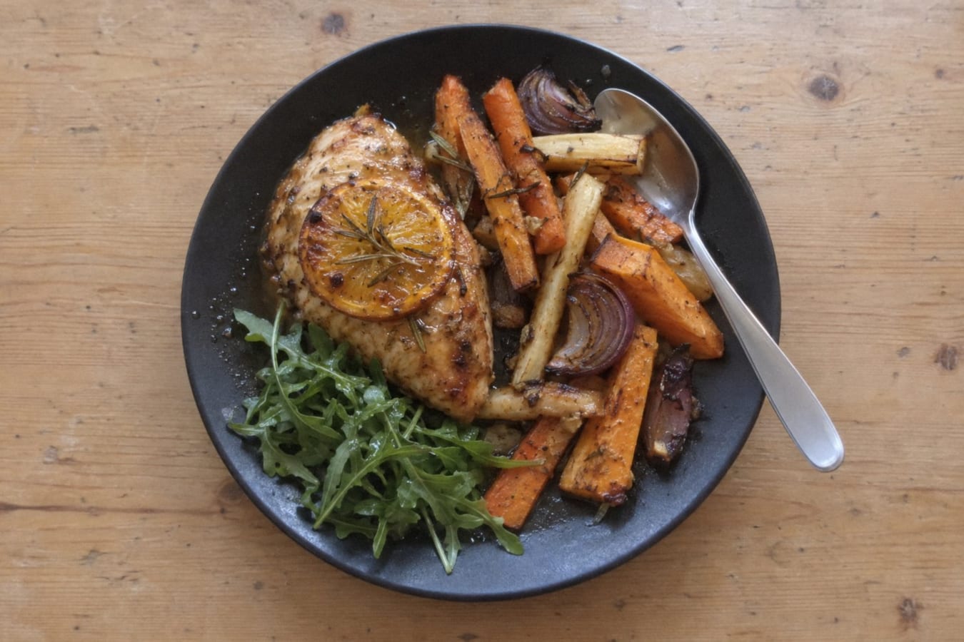 Orange and rosemary chicken with roasted root vegetables