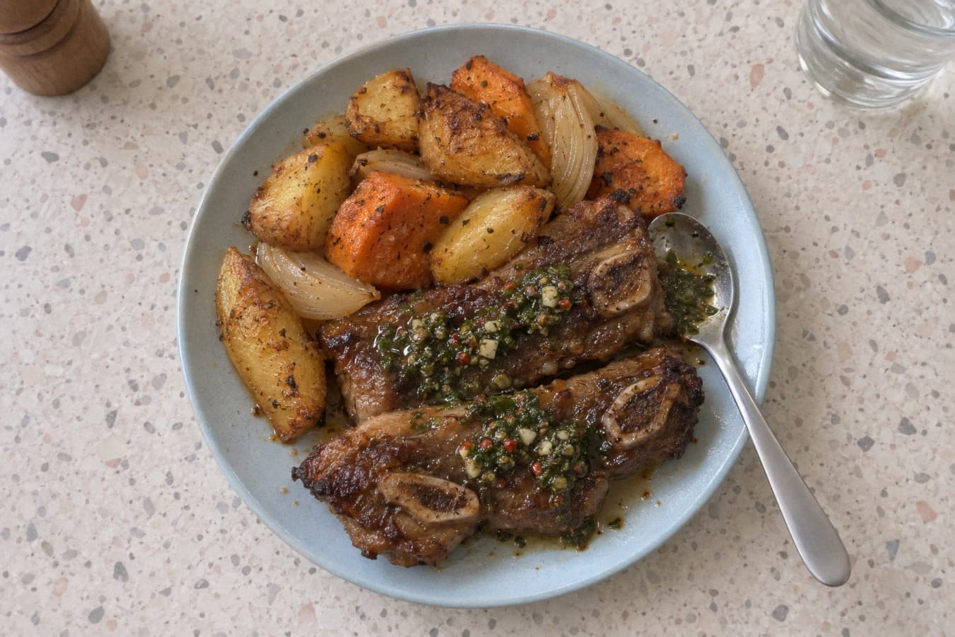 Asado de tira al horno con papas y batatas