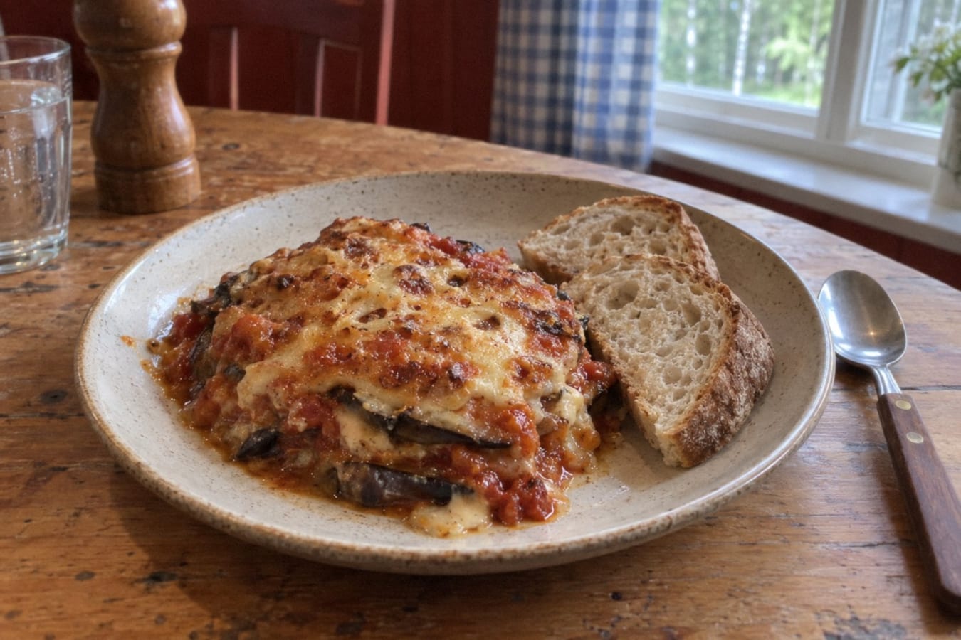 Auberginegratäng med tomatsås och ostsås