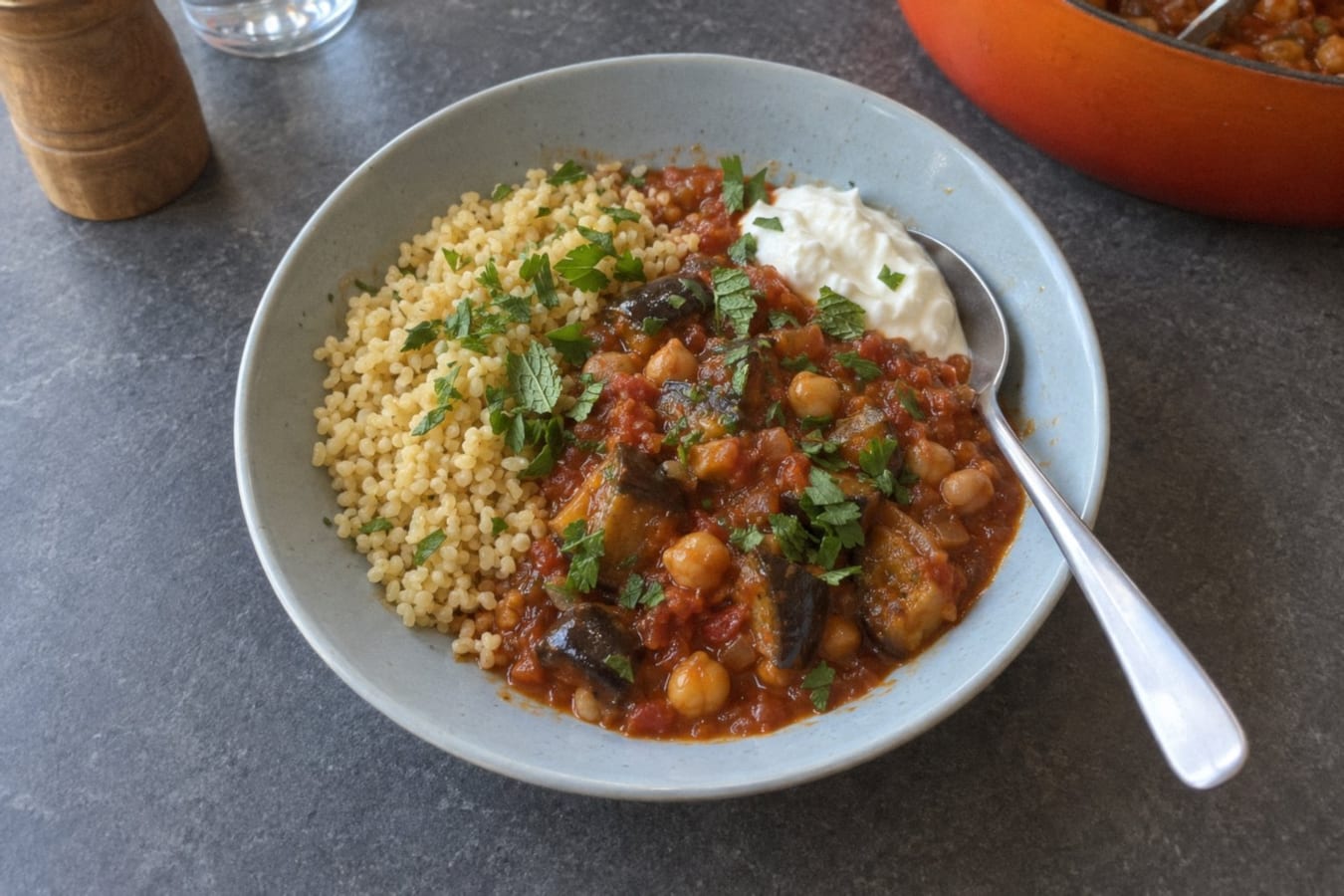 Guiso de berenjena y garbanzos con bulgur