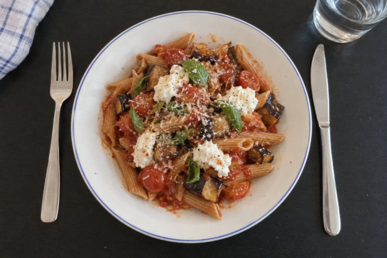 Pasta con berenjena, tomate y ricotta