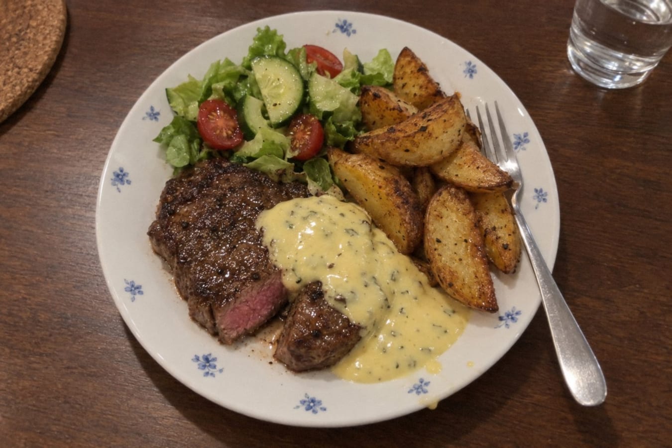 Steak with béarnaise sauce and potato wedges