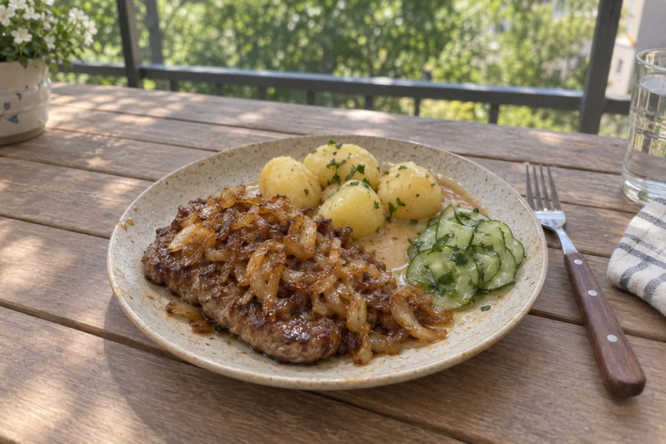Pan-fried steak with onions, potatoes and pressed cucumber