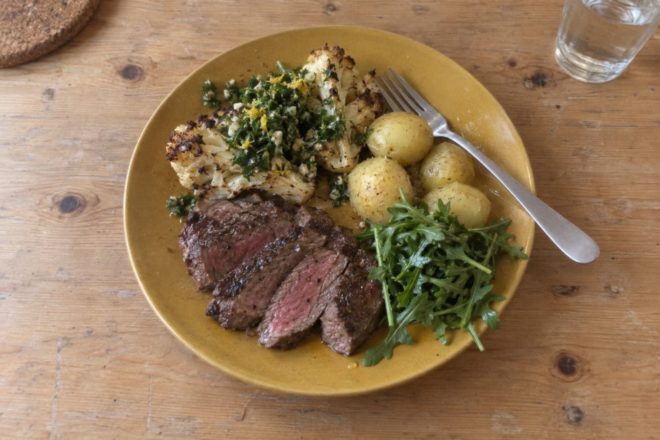 Bistec con coliflor asada, gremolata y papas