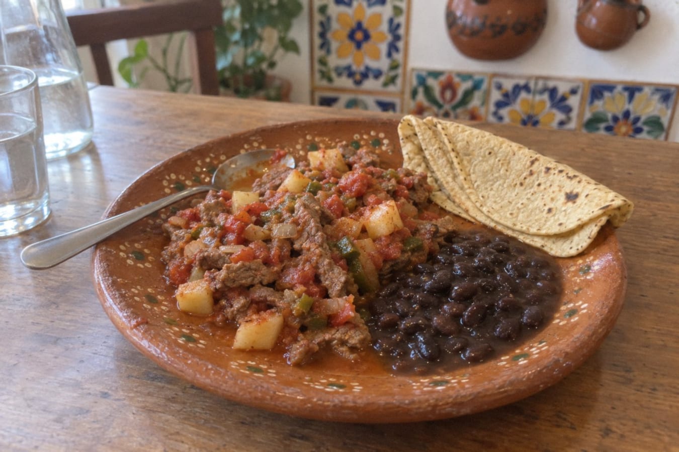 Bistec a la mexicana – beef with tomato, onion, chilli and potatoes