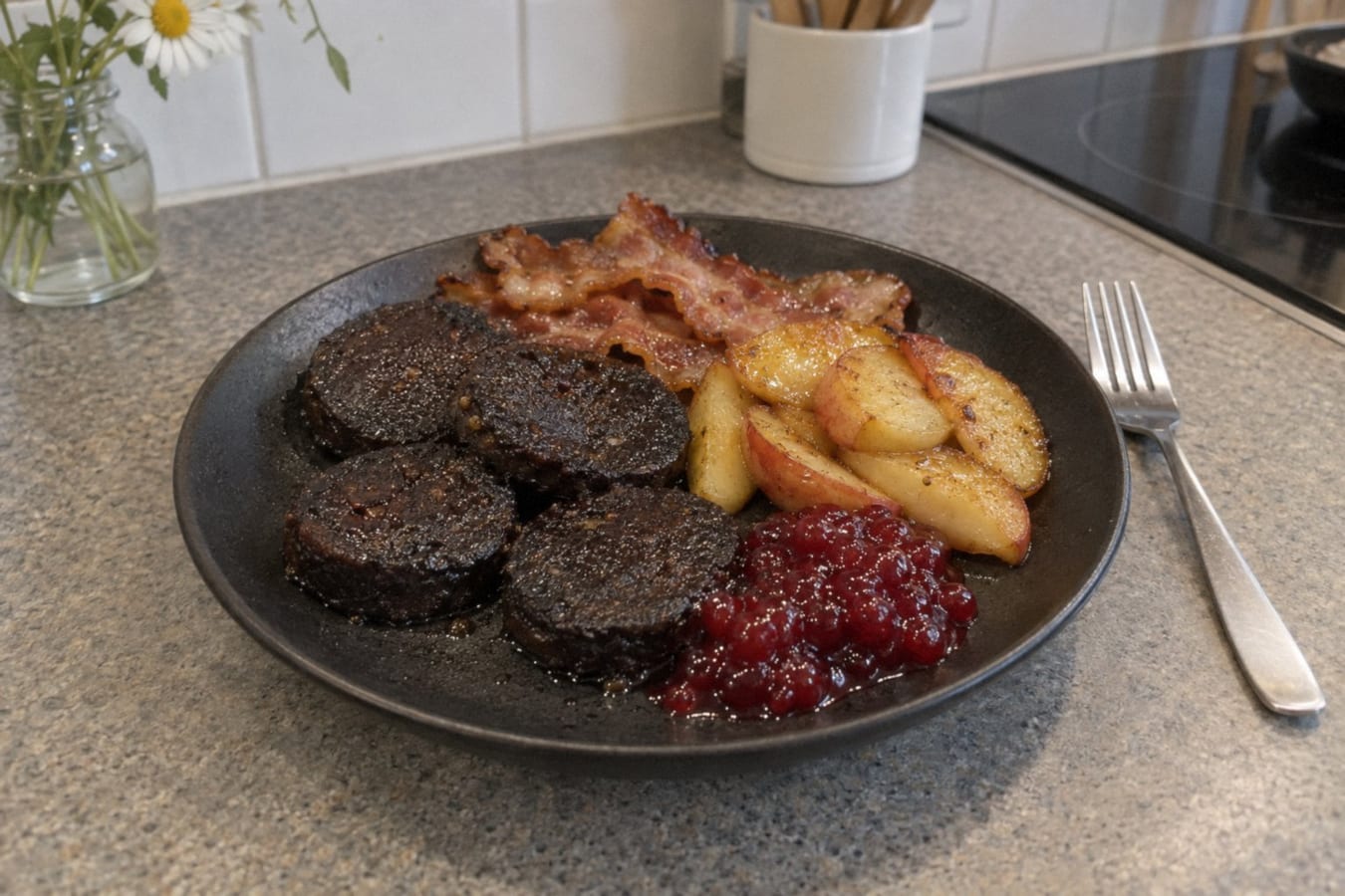 Blodpudding med bacon, stekt äpple och lingonsylt
