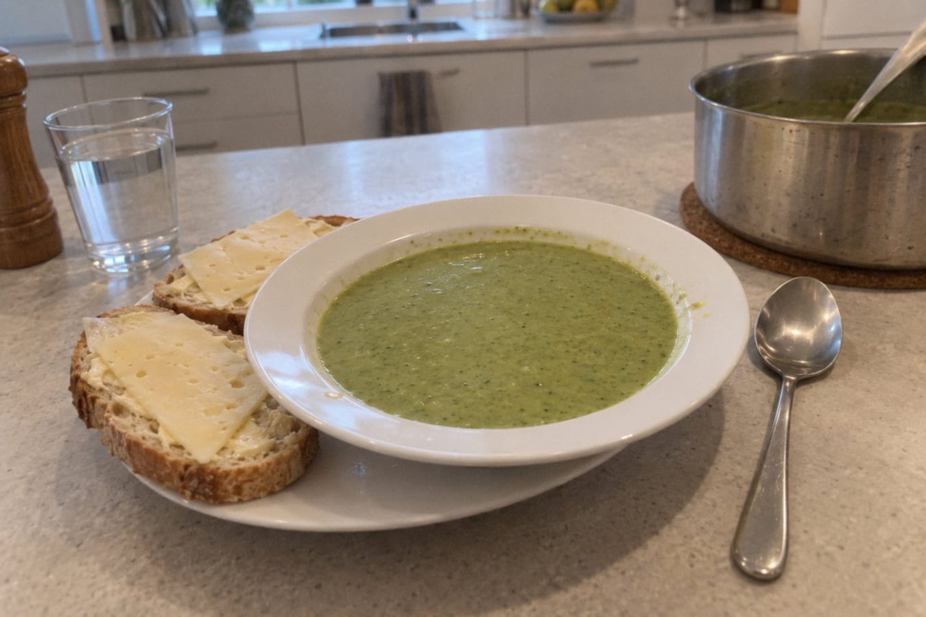 Broccoli soup with cheese sandwiches