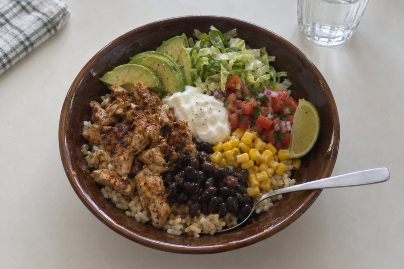 Chicken burrito bowl with black beans and sweetcorn