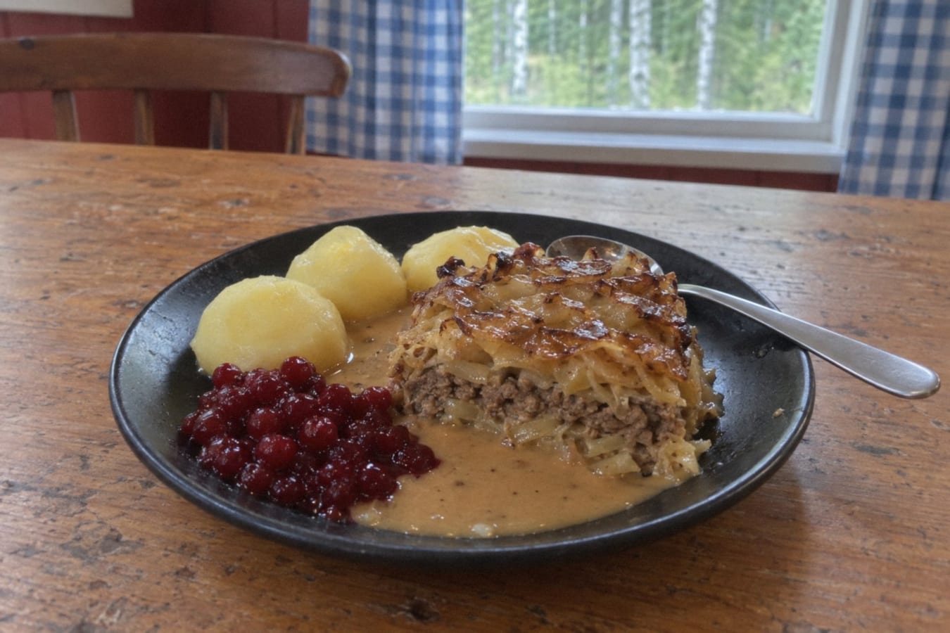 Swedish cabbage pudding with cream sauce, potatoes and lingonberries