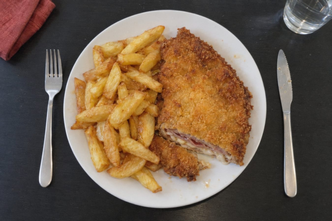 Cachopo – breaded beef stuffed with ham and cheese, with chips