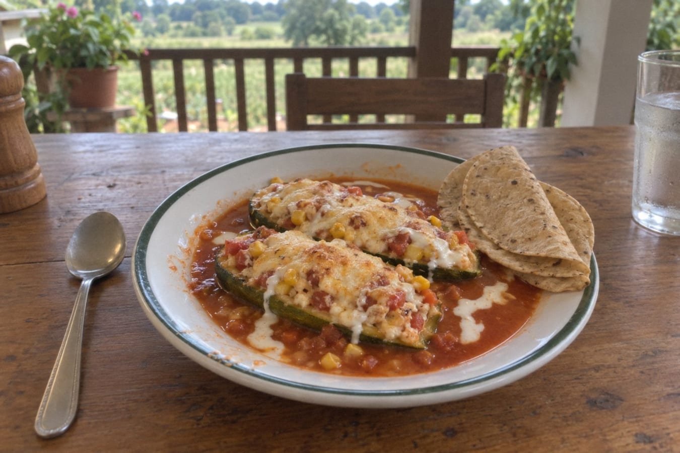 Calabacitas rellenas – courgettes stuffed with sweetcorn and cheese in tomato broth