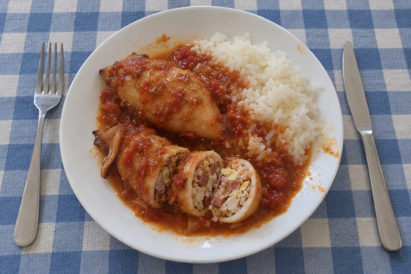 Calamares rellenos con arroz blanco
