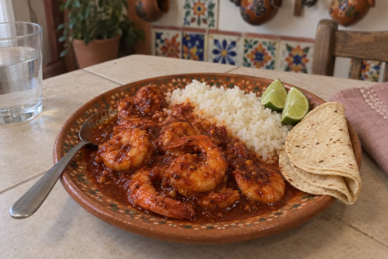 Camarones a la diabla – prawns in fiery red chilli sauce with rice