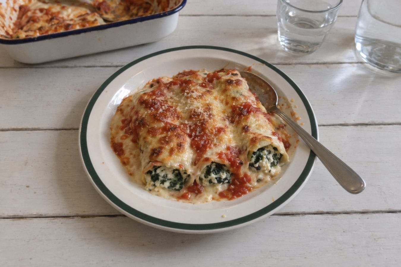 Canelones de verdura – gratinerade pannkaksrullar med mangold och ricotta