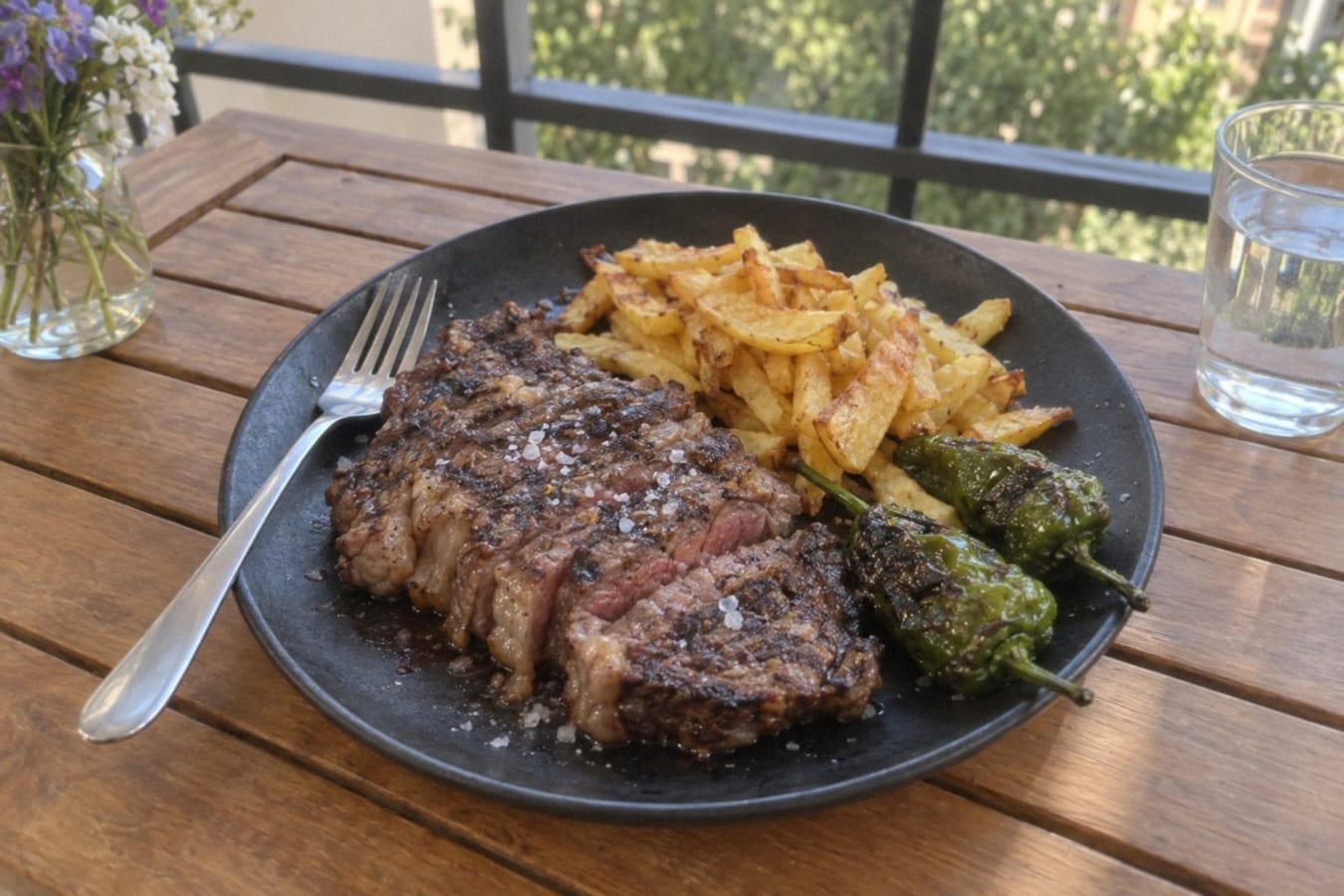 Chargrilled rib-eye with chips and green peppers
