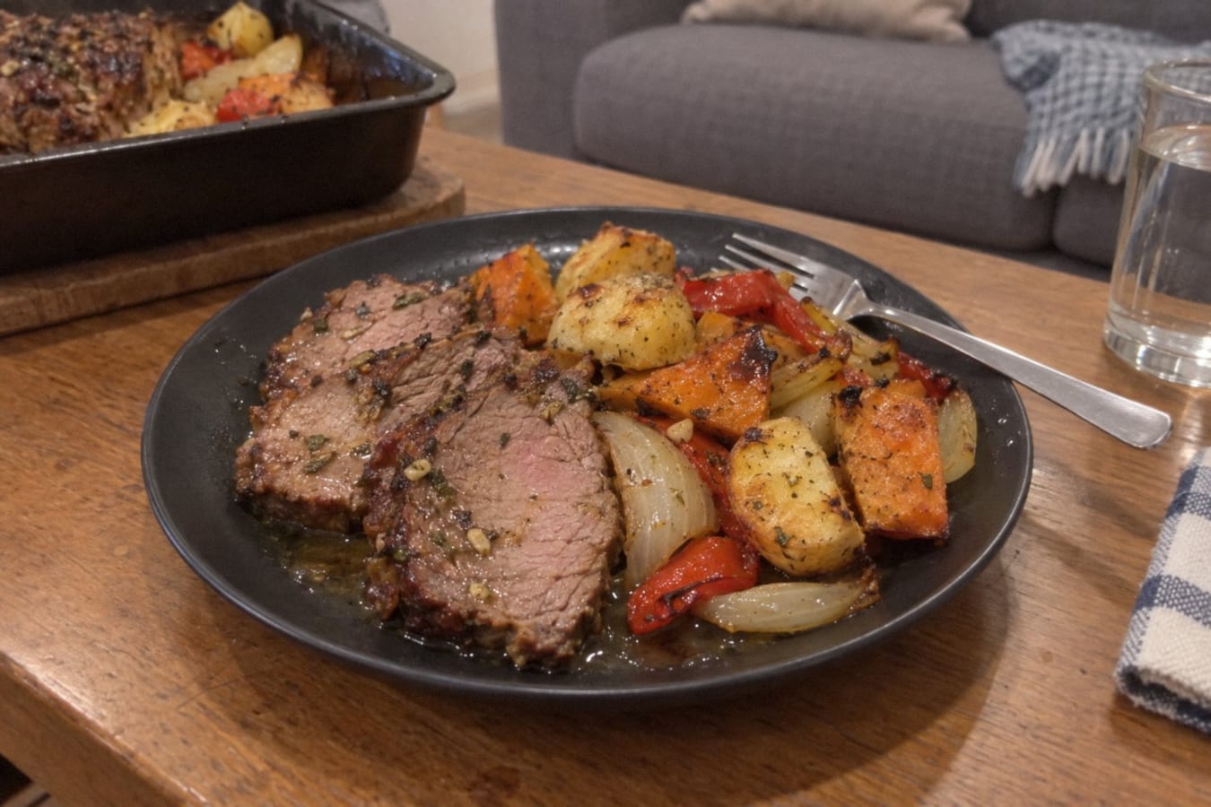 Roast beef with potatoes and sweet potatoes (carne al horno)