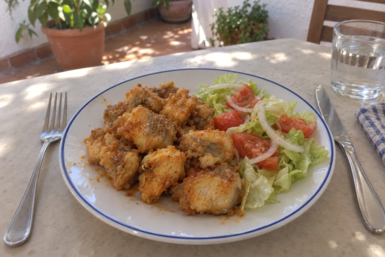 Marinerad friterad gråhaj (cazón en adobo) med sallad