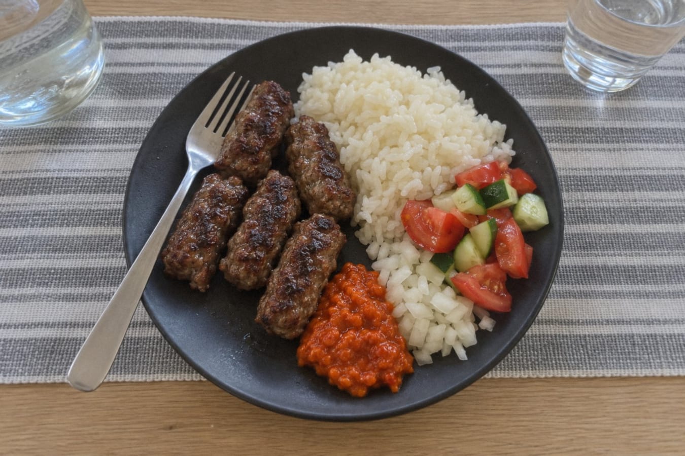 Ćevapčići with rice, ajvar and onion