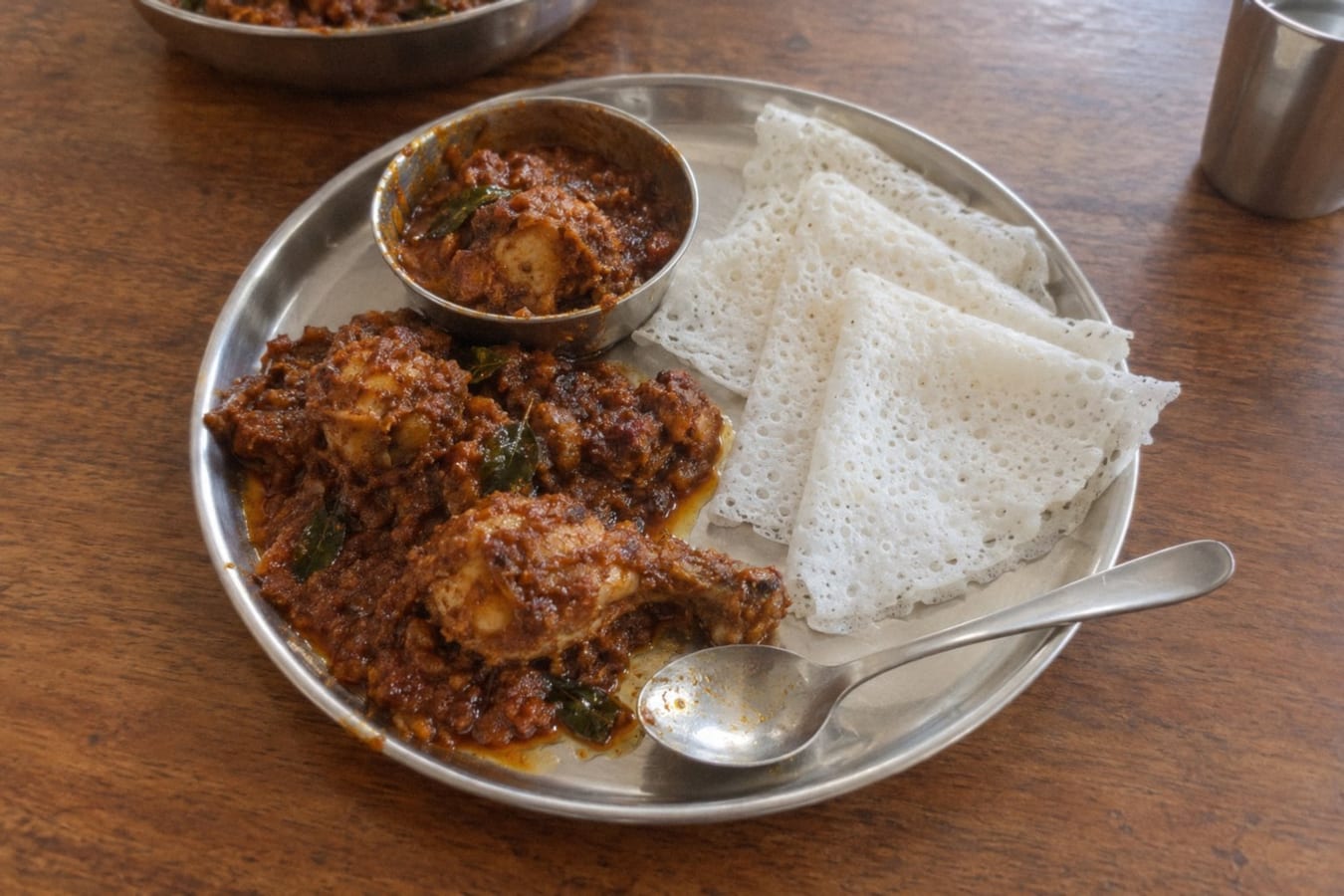 Chicken ghee roast with neer dosa