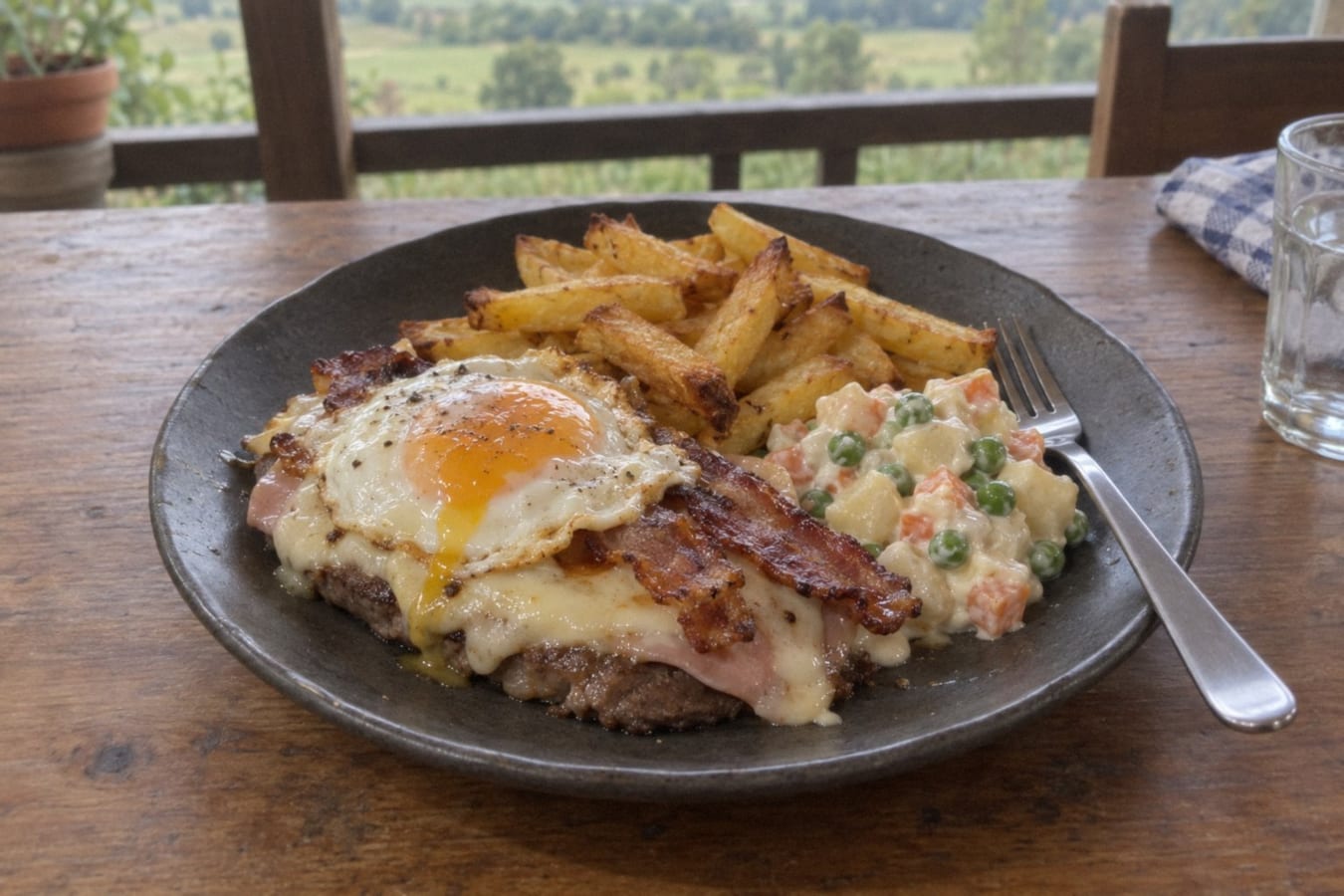 Chivito al plato – steak with ham, cheese, bacon and egg