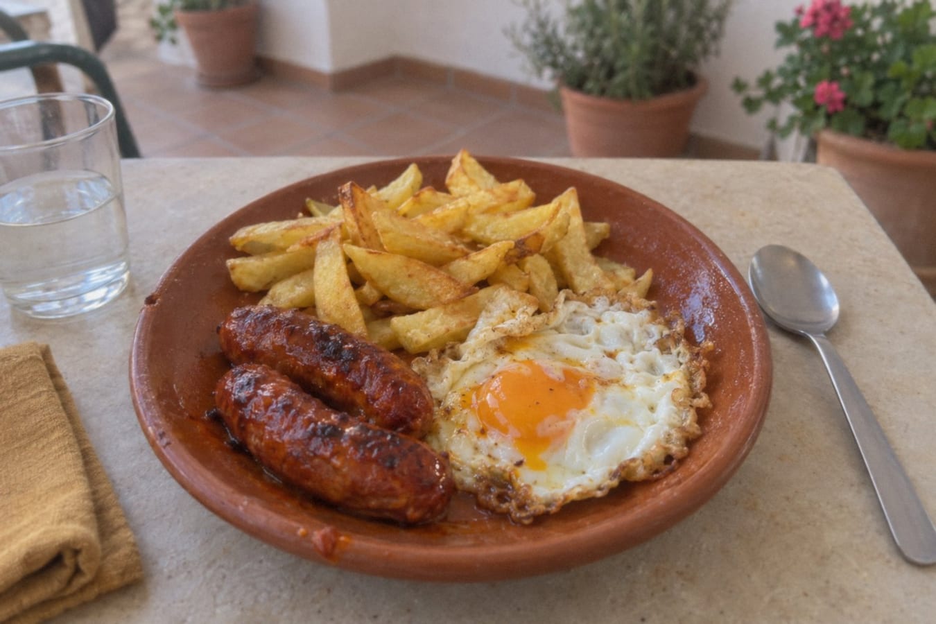 Stekt färsk chorizo med stekt ägg och pommes frites