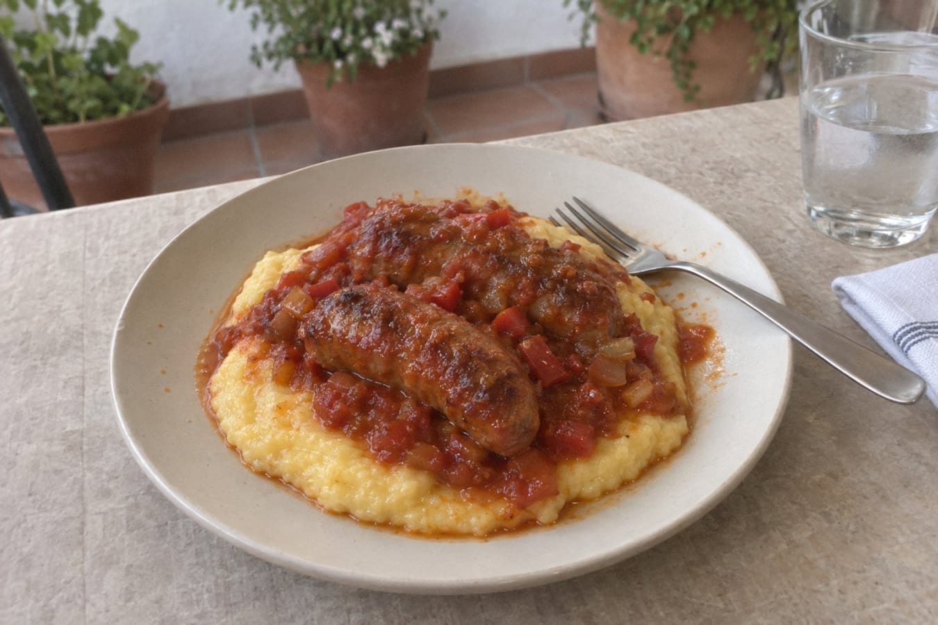 Chorizos a la pomarola con polenta