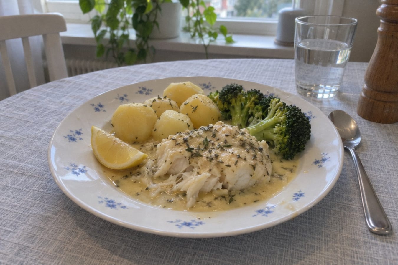 Lemon fish with thyme, boiled potatoes and broccoli