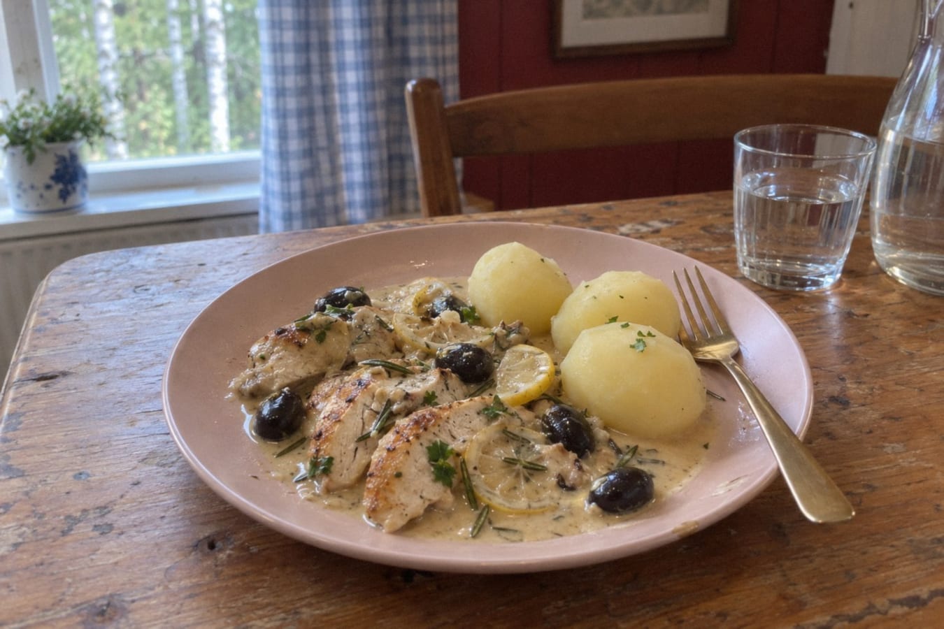 Citronkyckling med rosmarin, oliver och kokt potatis