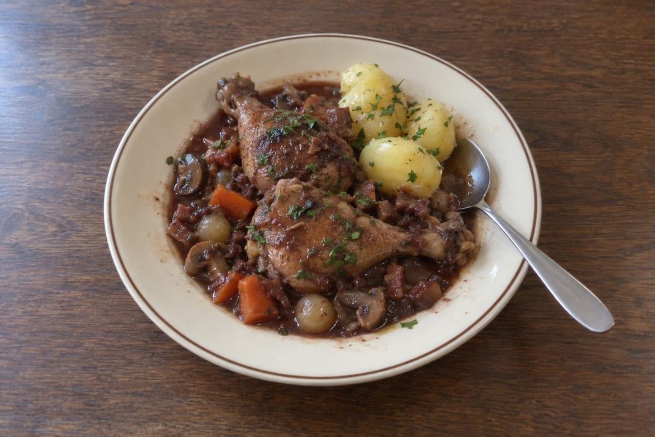 Pollo al vino tinto (coq au vin) con papas hervidas