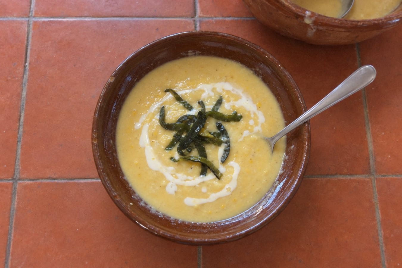 Crema de elote – creamy sweetcorn soup with poblano