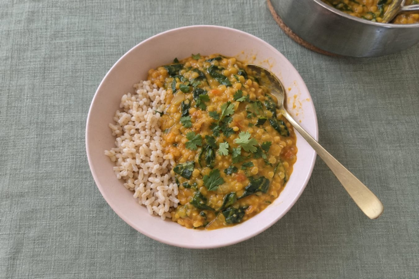 Red lentil dal with spinach and rice