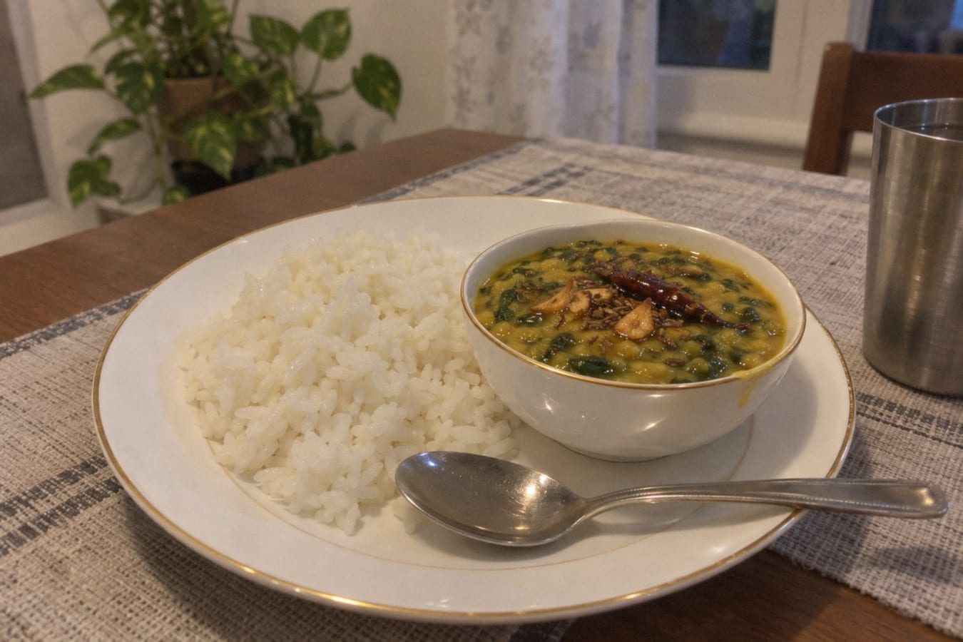 Dal palak – gul dal med spenat och vitlök, med ris