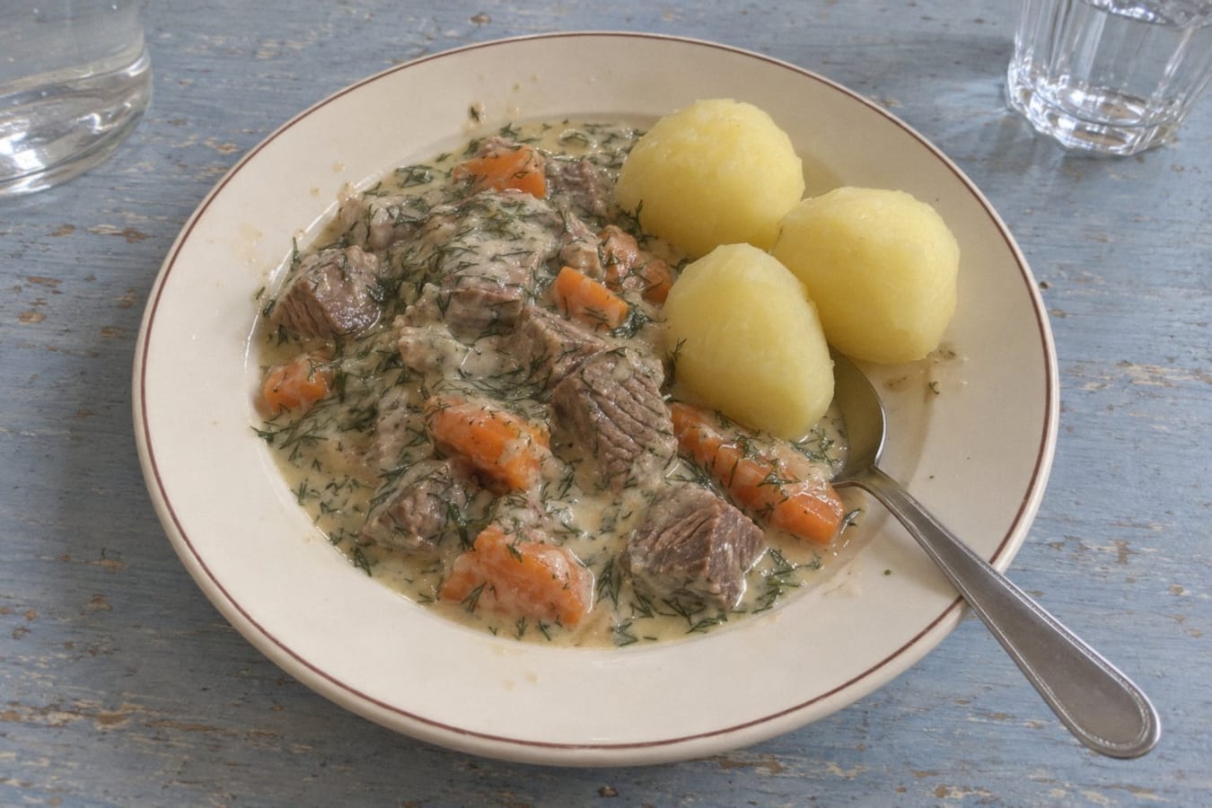 Dillkött (carne guisada en salsa de eneldo) con papas hervidas