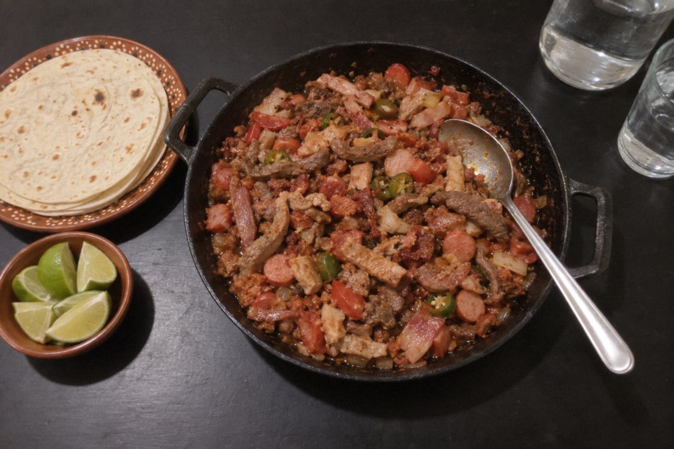 Discada – blandat kött och korv stekt med lök, tomat och chili