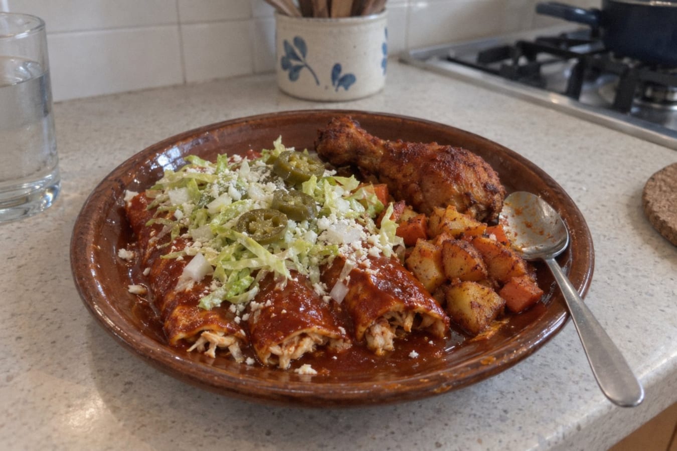 Enchiladas placeras – Michoacán enchiladas with fried chicken, potatoes and carrots