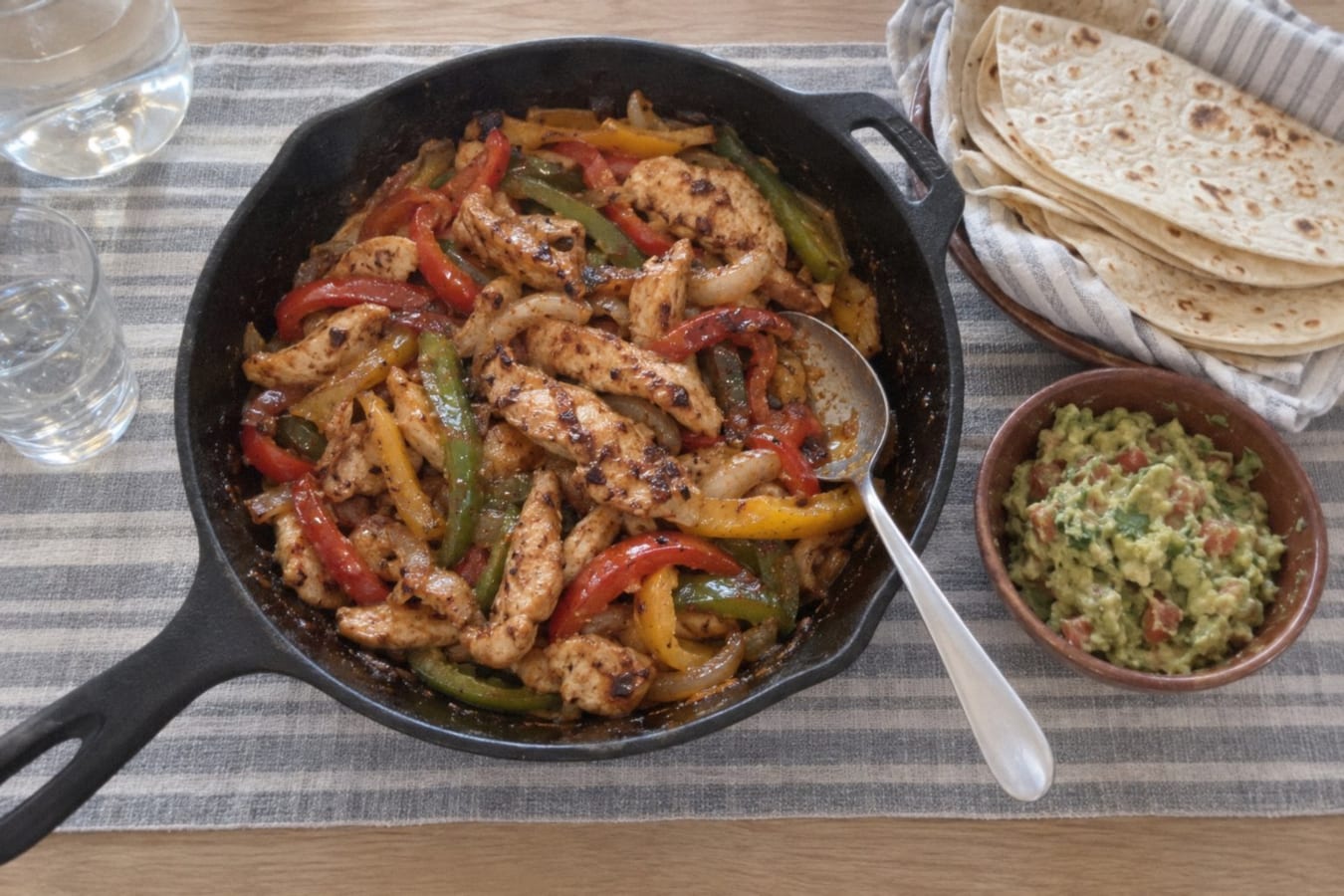 Chicken fajitas with peppers, onion and guacamole