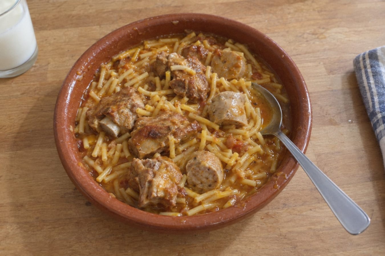 Fideos a la cazuela con costilla y butifarra