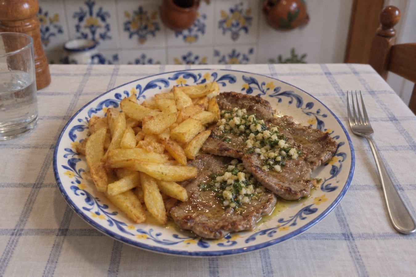 Stekt nötbiff med vitlök och pommes frites