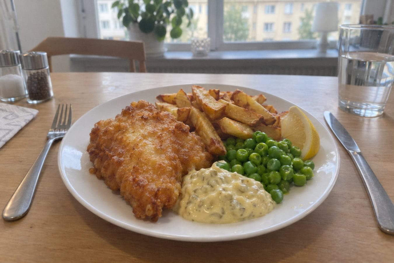 Pescado rebozado con papas fritas, salsa remoulade y arvejas