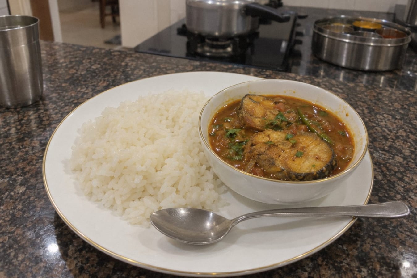 Fiskcurry – indisk hemmastil med lök och tomat, med ris