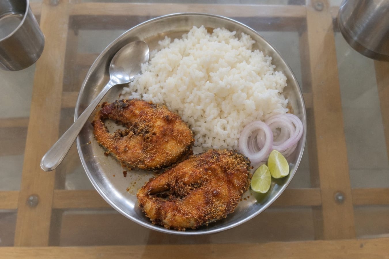 Fish fry with steamed rice