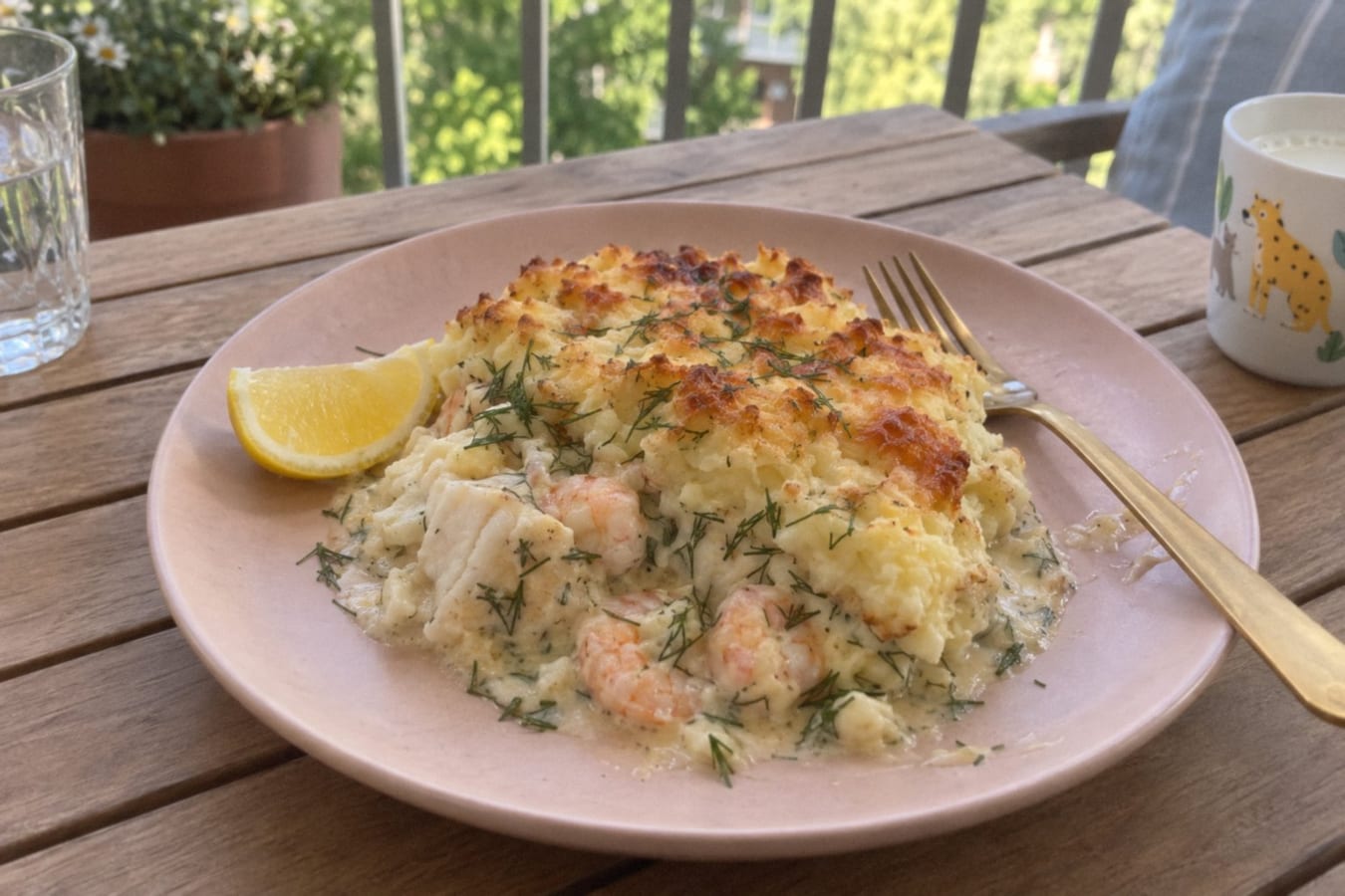 Gratinado de pescado con camarones y eneldo