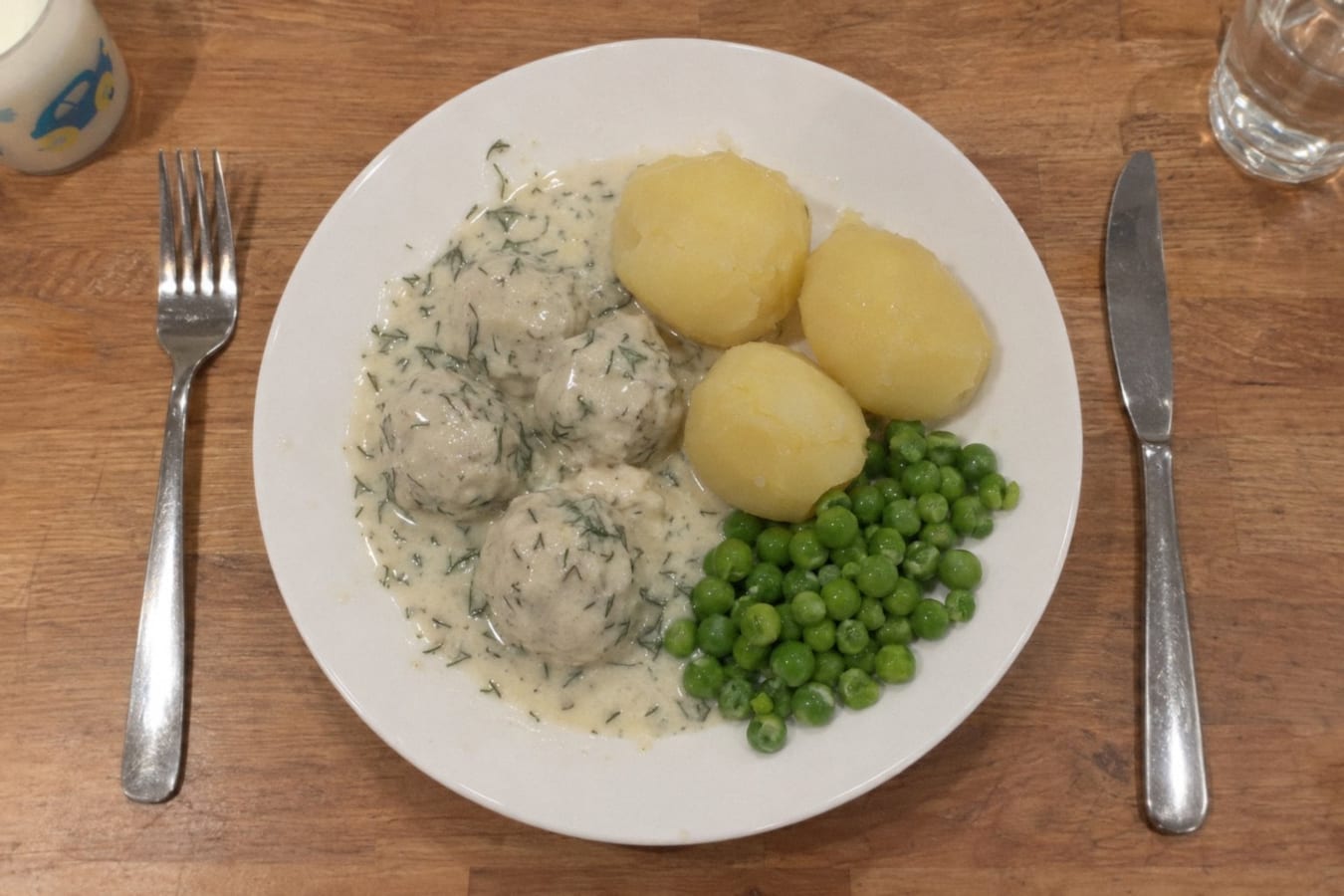 Fish balls in dill sauce with boiled potatoes