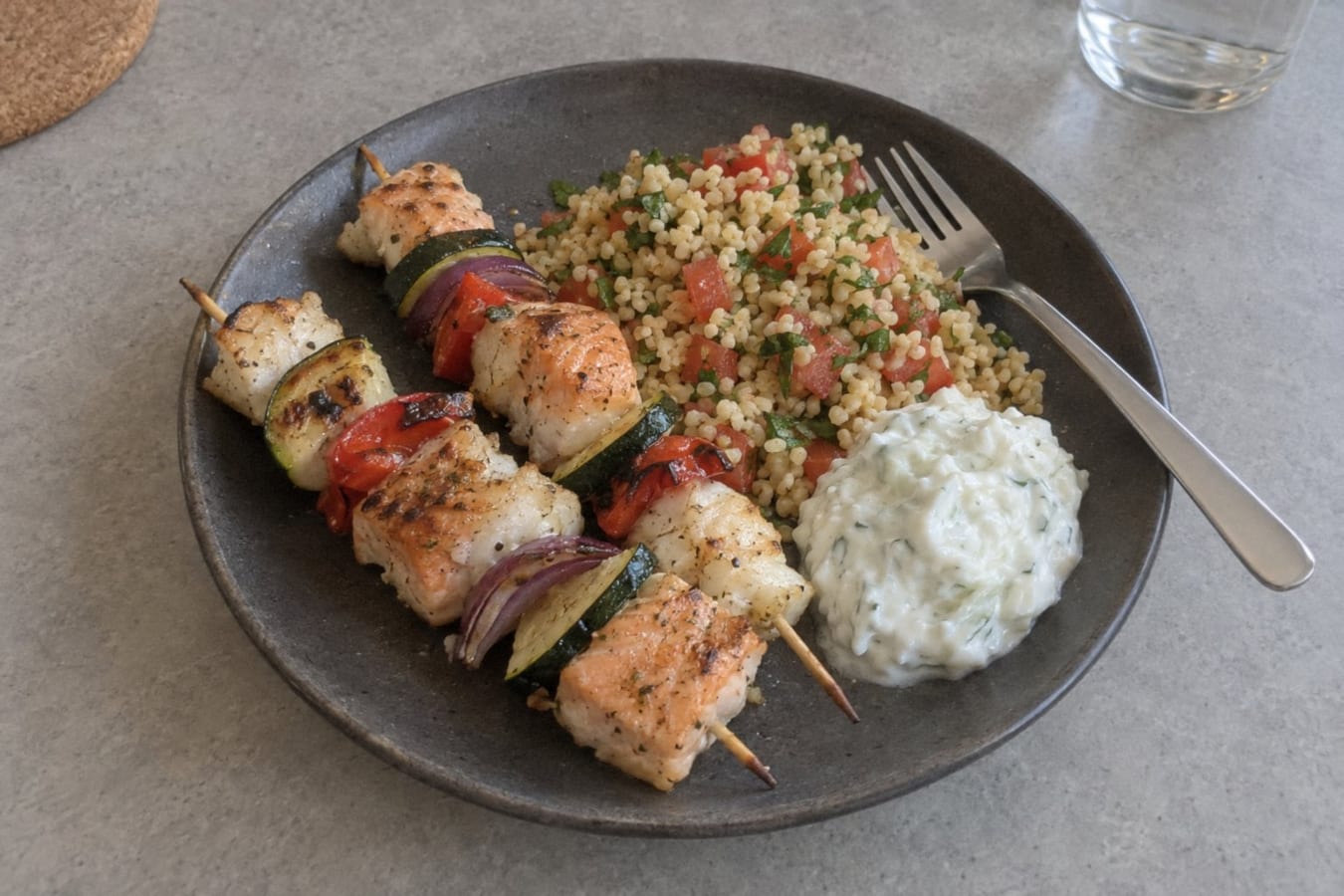 Salmon and cod skewers with bulgur salad and tzatziki