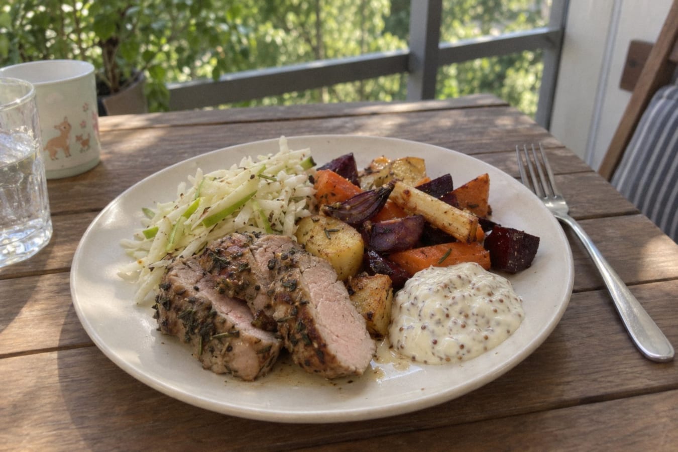 Örtmarinerad fläskfilé med rostade rotfrukter och äppelsallad