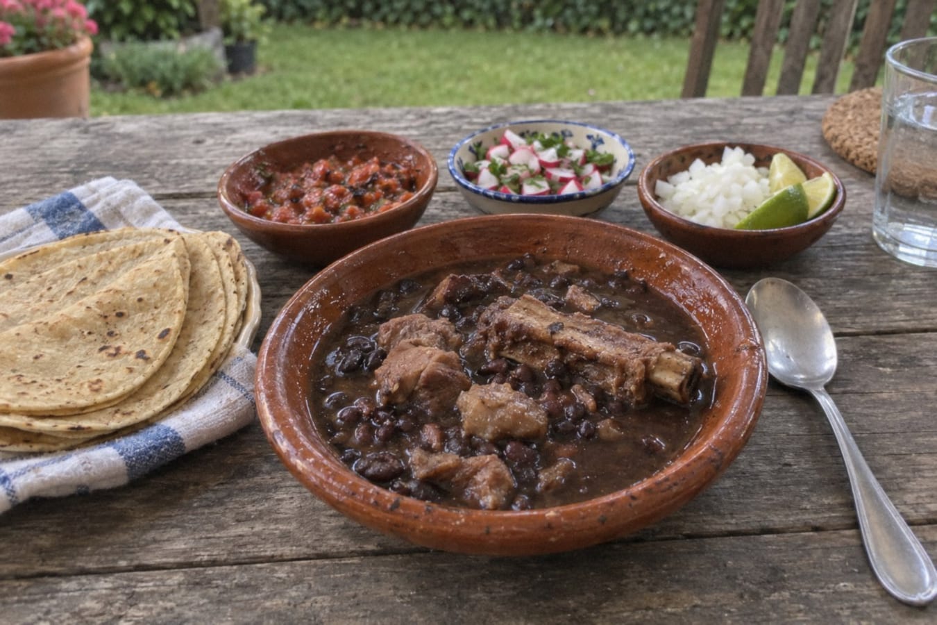 Frijol con puerco – black beans with pork, roast tomato salsa and radishes