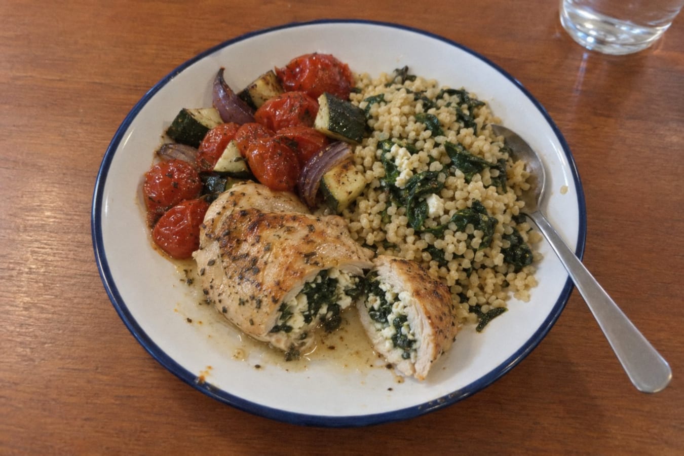Pechugas de pollo rellenas de espinaca y queso feta, con tomates asados y bulgur